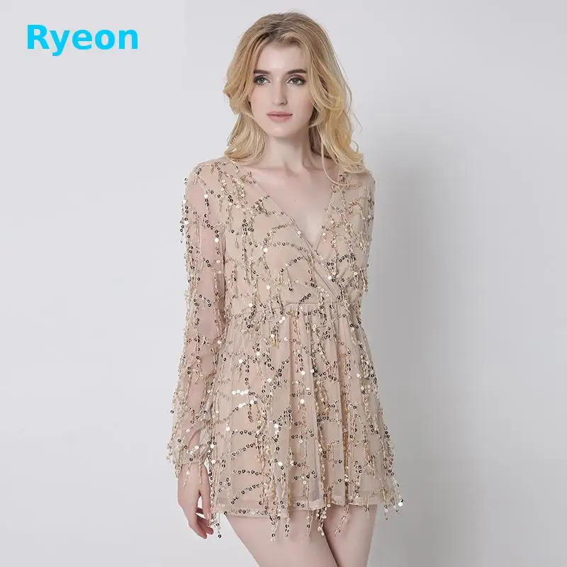 Ryeon 2017 Блестками Женщины Туника Платья Sexy прозрачный Сетки Ткань Вышивки