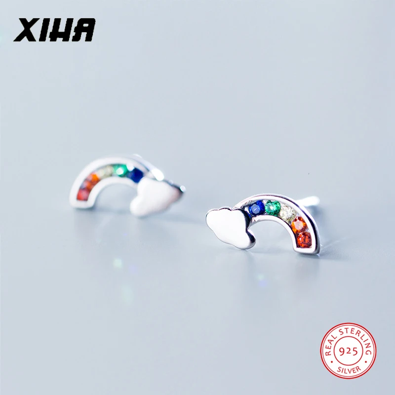 XIHA 925 пробы Серебряные серьги минималистский Радуга фианит, циркон, кристалл маленькие серебряные серьги-гвоздики в Корейском стиле, серьги женские, ювилирные изделия