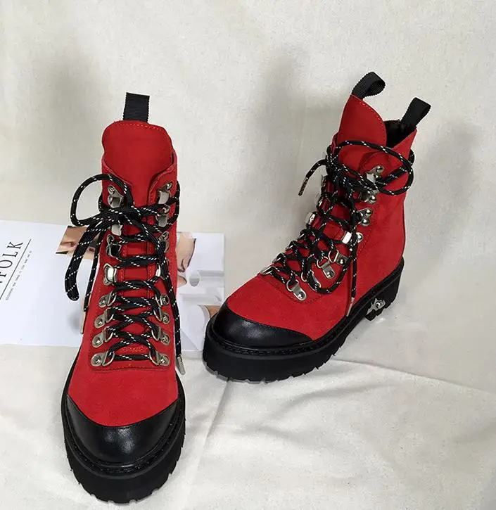 leather inside Женские ботильоны на среднем каблуке; Botas Mujer; обувь на платформе со шнуровкой; женская кожаная удобная обувь; Zapatos De Mujer; sapato feminino - Цвет: leather inside