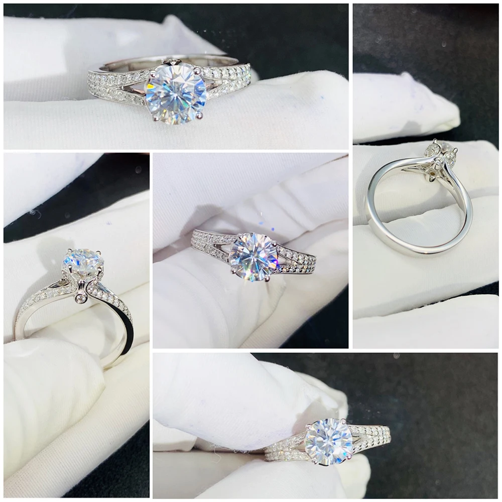 1CT муасаниты Твердые 14 K кольца из белого золота для женщин вечный проложить Сплит хвостовик искусственный бриллиант обручальное кольцо Annicersary кольцо