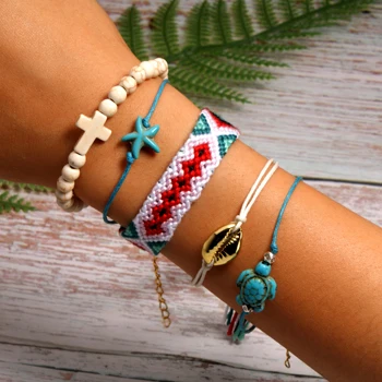 23 MOON GIRL 5 Pieces Puka Shell Bracelet Set Turtle Starfish Cross Beads Boho Weave Bracelet for Women Friendship Jewelry Dropship - Metal Color: 23