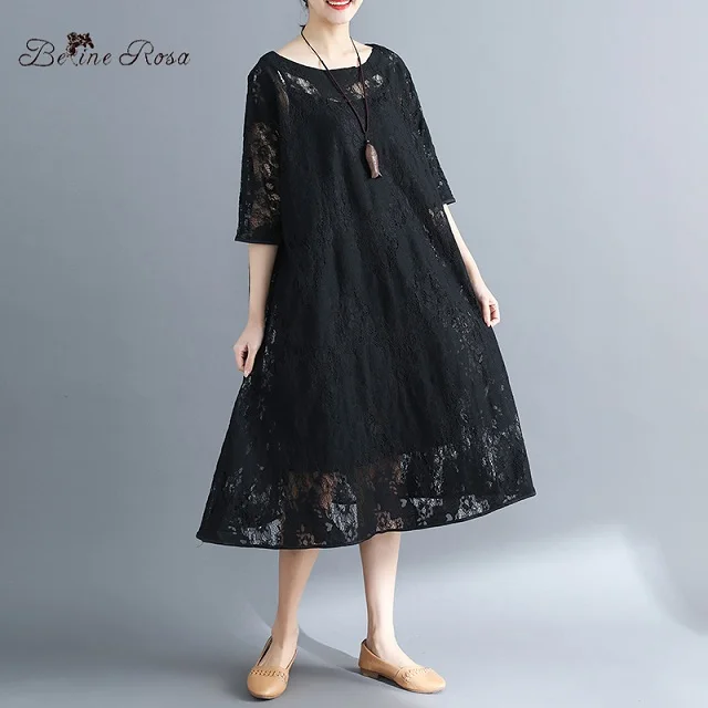 black BelineRosa размера плюс женская одежда свободного покроя кружевное платье для дам 3 цвета размера плюс платья YPYC0001 - Цвет: black