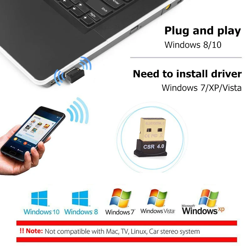 BinFul Mini USB Bluetooth адаптер V4.0 CSR двойной режим Dongle 4 0 передатчик для Windows 10 8 Win 7 Vista XP 32/64