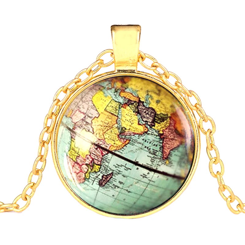 Vintage World Map Cabochon Tibetan Silver Plated Glass Chain Pendant Necklace | Украшения и аксессуары