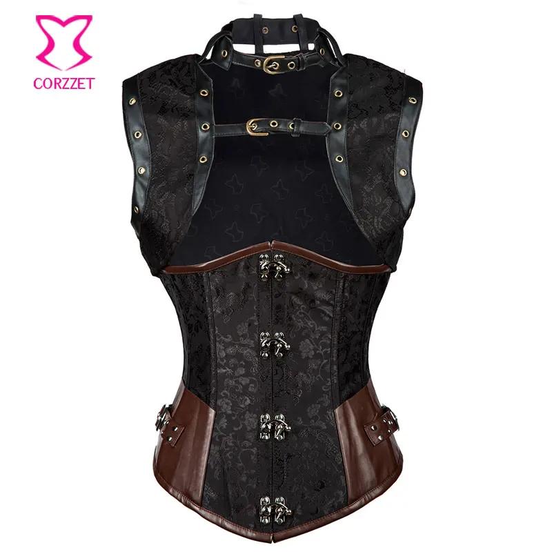Black Brocade Steel Boned Underbust Corset Steampunk Gothic Clothing Corsets And Bustiers Sexy Korsett For Women (Match Jacket)