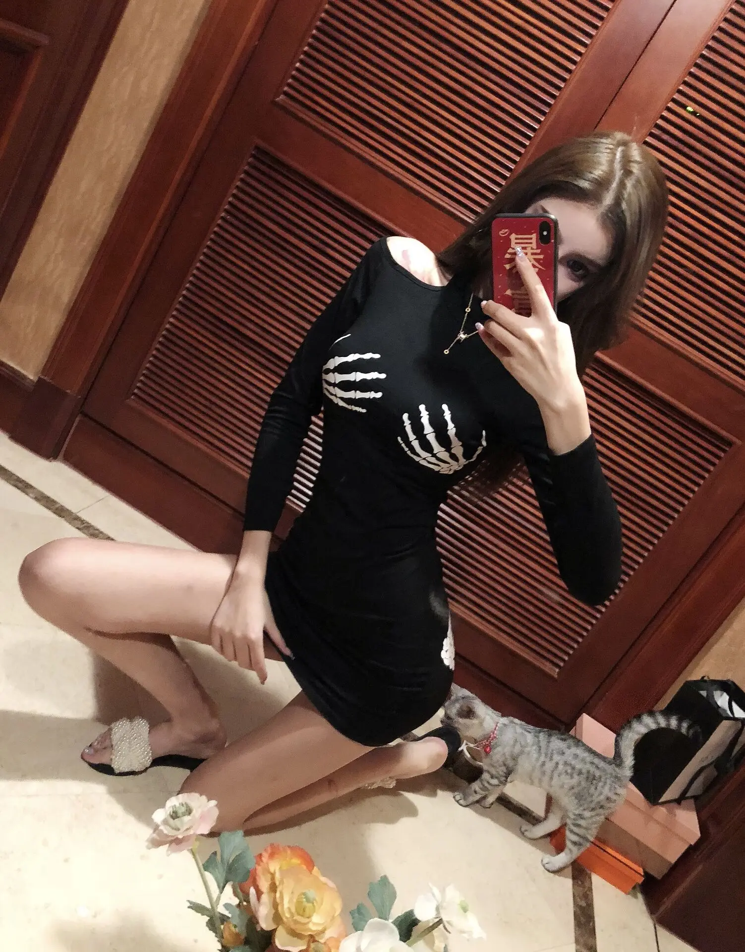Платья для Для женщин Череп ручной печати Sexy плеча Тонкий одноцветное платье с