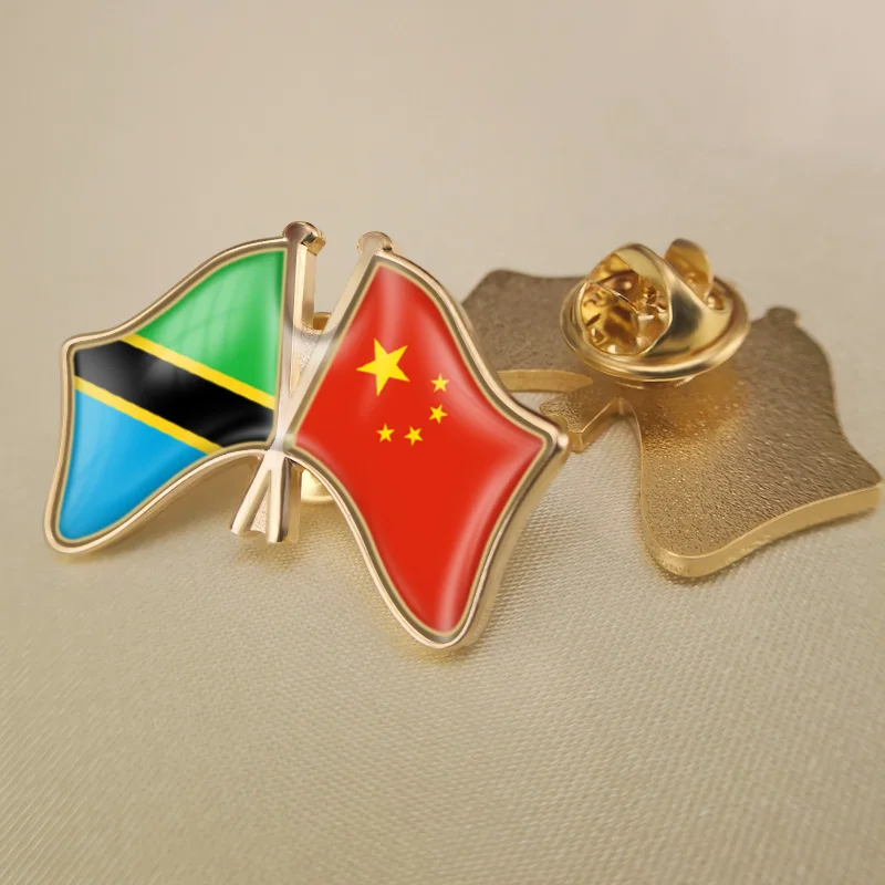 

Tanzania and China Crossed Double Friendship Flags Lapel Pins Brooch Badges