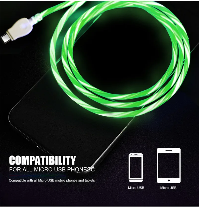 Светодиодный зарядный кабель Micro USB для samsung galaxy S5 S7 S6 LG huawei Xiaomi Redmi, длинный провод