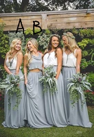 2021 two pieces bridesmaid dresses white top and light grey skirt a line chiffon junior bridesmaid dresses long maid ofnor prom