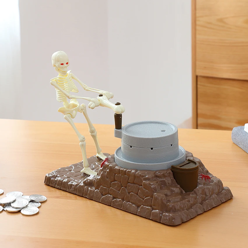 Automated ghost Skeleton Skull grinding mill Moving Electronic Coins saving Money Piggy Bank mischief Box for kids birthday gift | Дом и сад