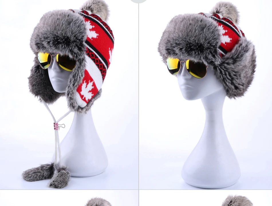 Women Faux Fox Fur Pompom Russian Ushanka Wool Knitted Earflap Bomber Trapper Hat Winter Snow Ski Cap Maple Leaf Pilot Trooper