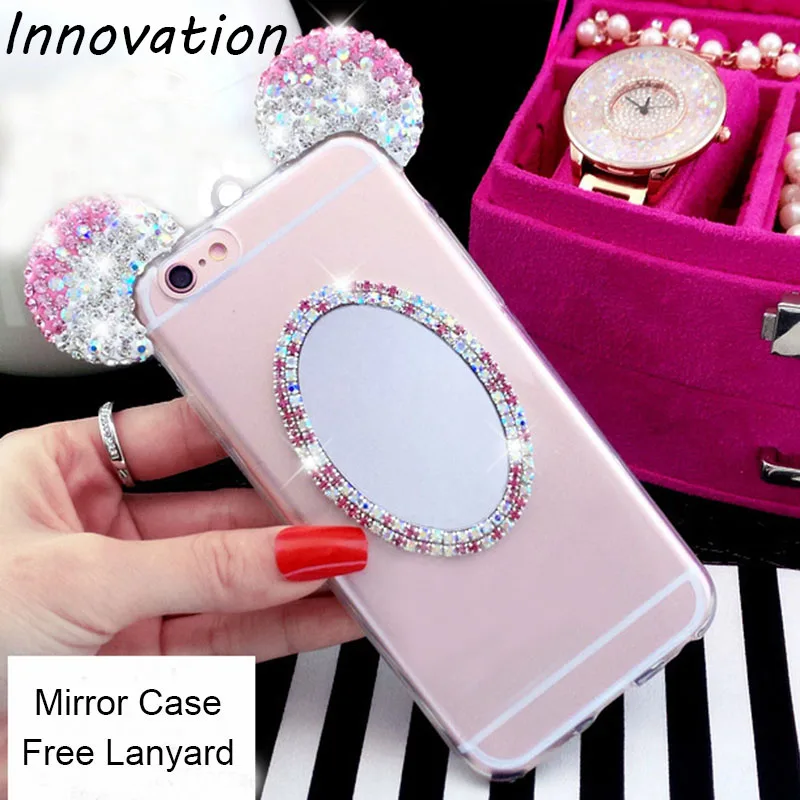 Pink Ears and Mirror Чехол со стразами для samsung Galaxy J5 J7 S7 edge S8 Plus S9, чехол, стразы, 3D уши Микки Мауса, прозрачный ТПУ, Мягкий силикон - Цвет: Pink Ears and Mirror