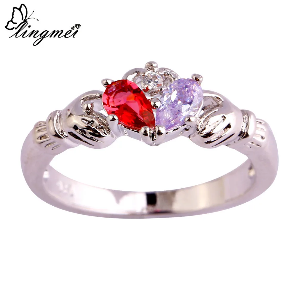 Женское кольцо с фианитом lingmei Claddagh серебряное белого красного и синего цвета