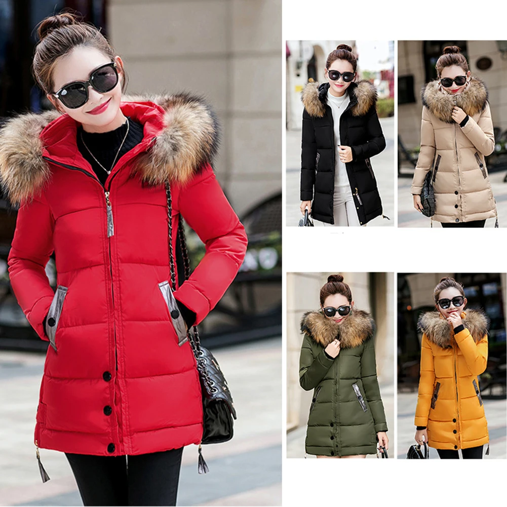 Женская зимняя мода тонкий средней длины хлопок согревающий длинный пуховик