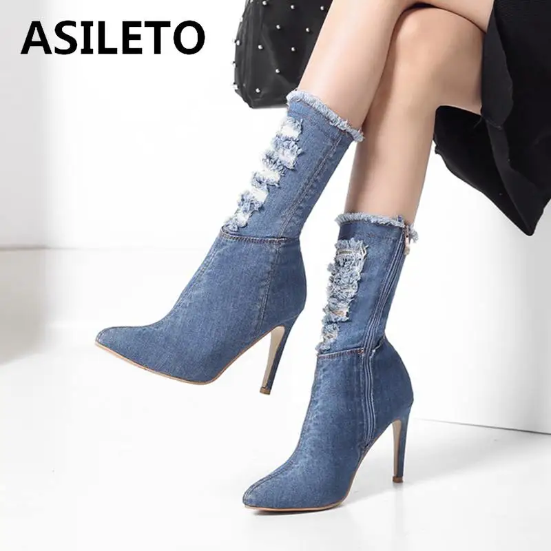 Синие джинсовые ботинки ASILETO остроносые ботильоны весенне-зимняя обувь женские