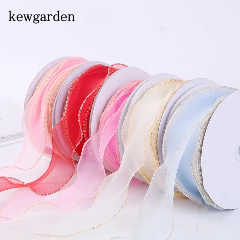 

Kewgarden Wholesale Gold Edge Organza Ribbons 2" 50mm Handmade Tape DIY Bowknot Voile Ribbon Accessories Riband 25 Yards