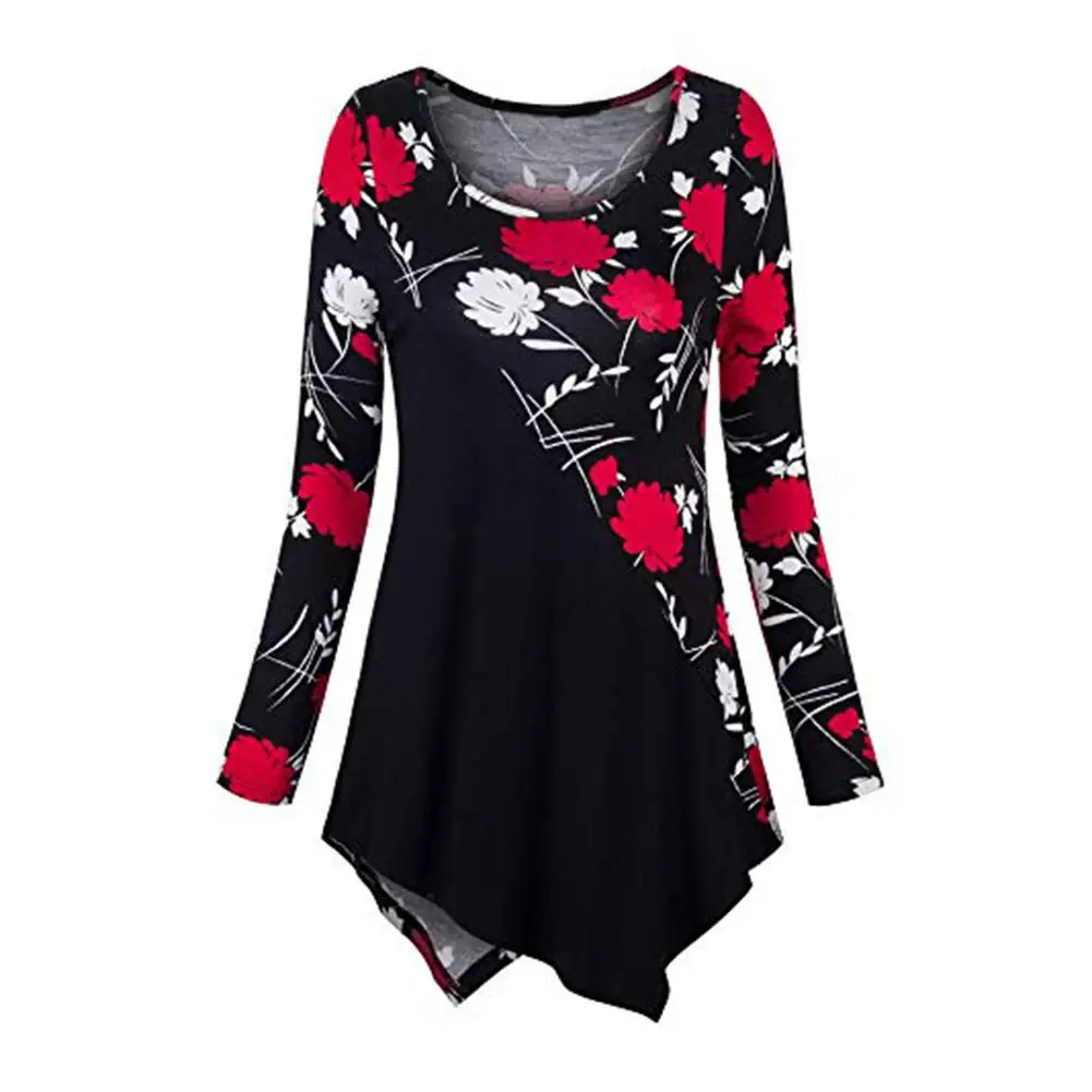 Осенняя Винтажная футболка с длинным рукавом и круглым вырезом цветочным