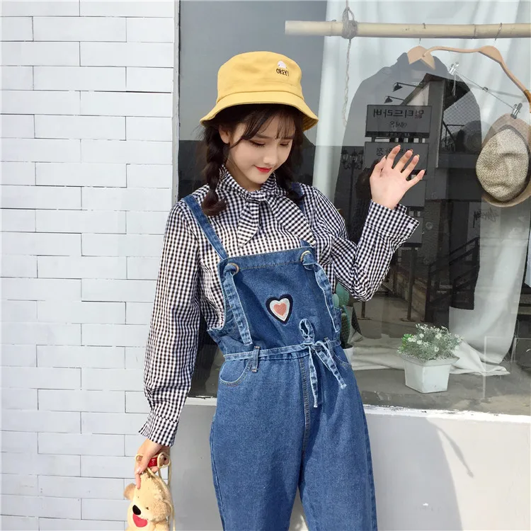 Талии галстук ремень регулируемые бретельки на подтяжках Denim Ankle Pant Kawaii комбинезон вышивка Любовь Жан корейский комбинезоны комбинезон