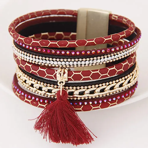LEMOER Boho модные Многослойные Стразы кожаные браслеты с кисточкой и браслеты магнитные ювелирные изделия для женщин мужчин pulseira feminina