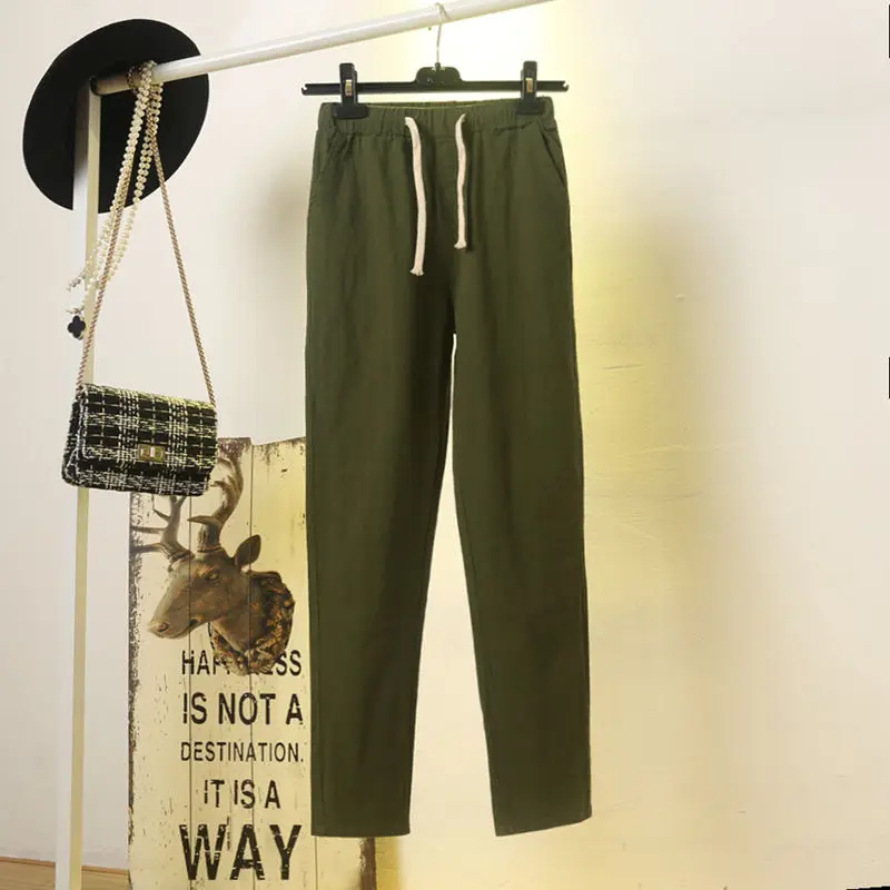 army green Хлопковые льняные весенне-летние штаны, женские свободные повседневные спортивные штаны на шнуровке, женские тонкие штаны-шаровары ярких цветов, женские брюки C5221 - Color: army green