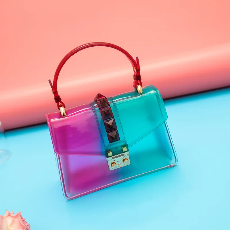 Transparent Satchel Handbag Gradients Color Clear Jelly Transparent PVC Rivets Candy Color Tote Bags Crossbody Messenger Bag - Цвет: HJL