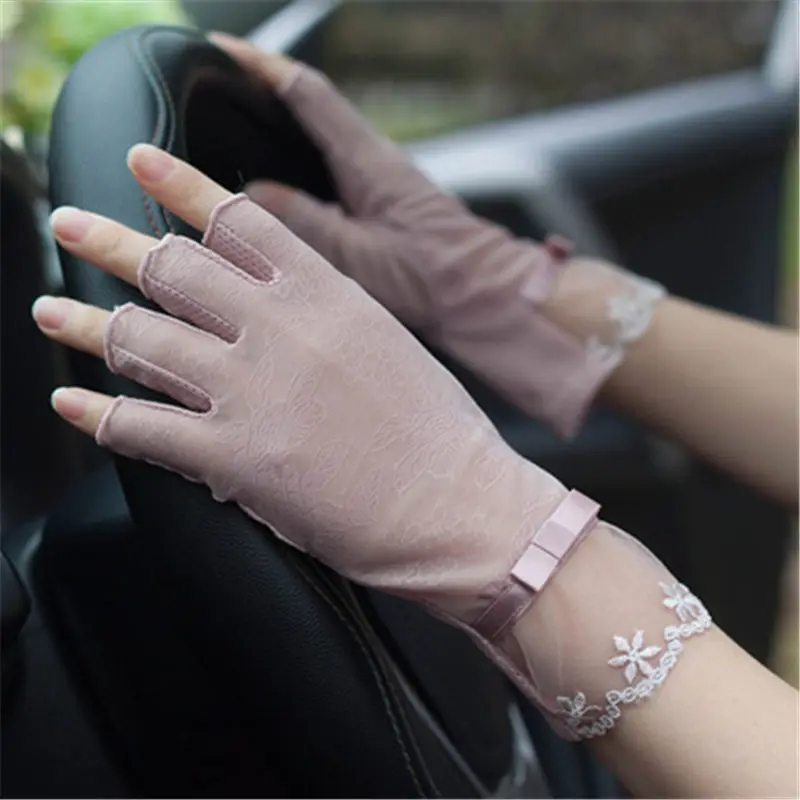 One knot skin pink Женские перчатки, летние, солнцезащитные, половина пальцев, ледяные шелковые перчатки, женские, кружевные, короткие, стильные, Нескользящие, с защитой от ультрафиолета, тонкие, для вождения, с полупальцами, FS07 - Цвет: One knot skin pink
