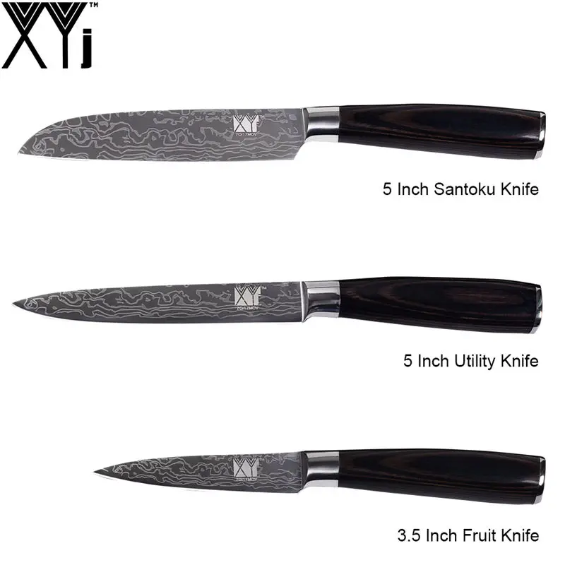 E.(3 Pcs Set) XYj набор кухонных ножей для приготовления пищи с цветной деревянной ручкой 7cr17, ножи из нержавеющей стали с узором Damasucs, кухонные принадлежности, инструменты - Цвет: E.(3 Pcs Set)