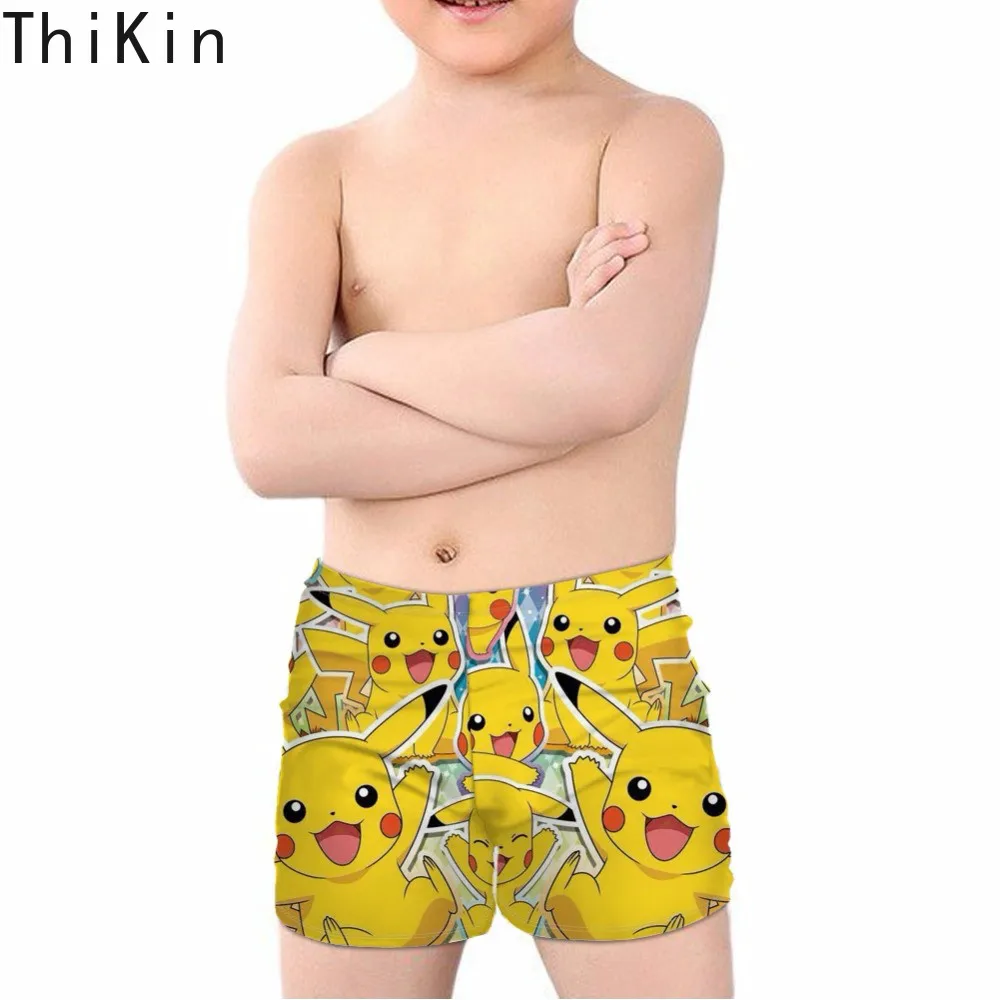 THIKIN Amine Cute Cartoon Pokemon Pikachu Print Kids Boys' Swimming Trunks Summer Beachwear Children Swimsuits Elastic
