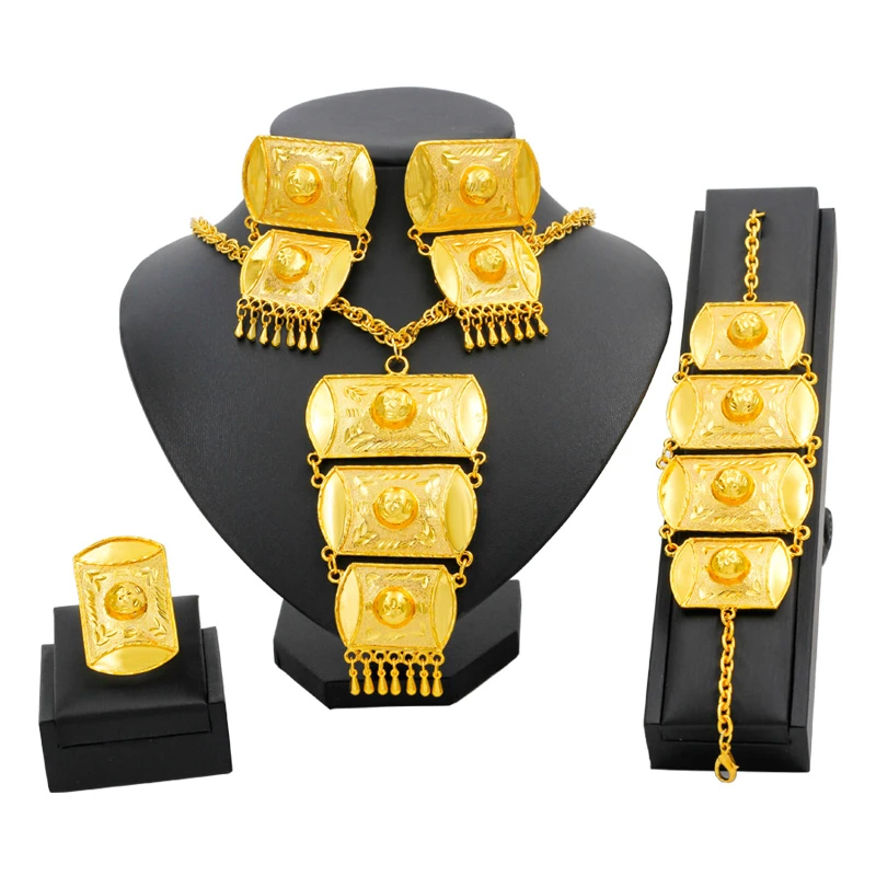 Conjuntos de joyería africana para mujer, joyas doradas de Dubái, collar, pulsera, pendientes, joyas etíopes de lujo para boda