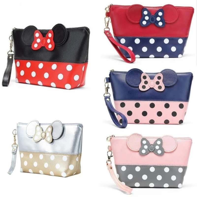 Mickey Portable Cosmetic Make Up Bag Polka Dot Bow Storage Coin Golden Purse Handbag Organizer Pouch Makeup Wash Bags | Дом и сад