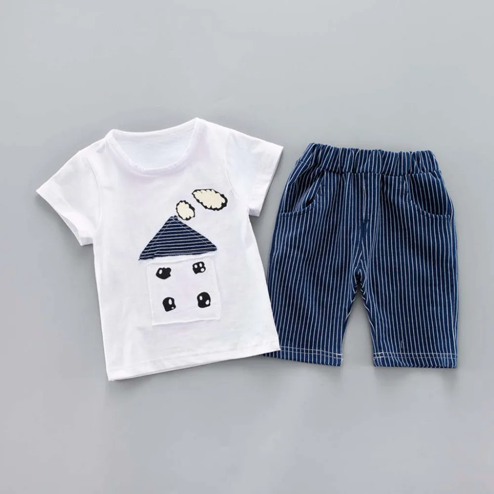 Baby Boy Clothes Cartoon Striped Print Tops Denim Shorts Set 2PCS Outfits Sets Summer Cotton Dropshipping | Детская одежда и обувь