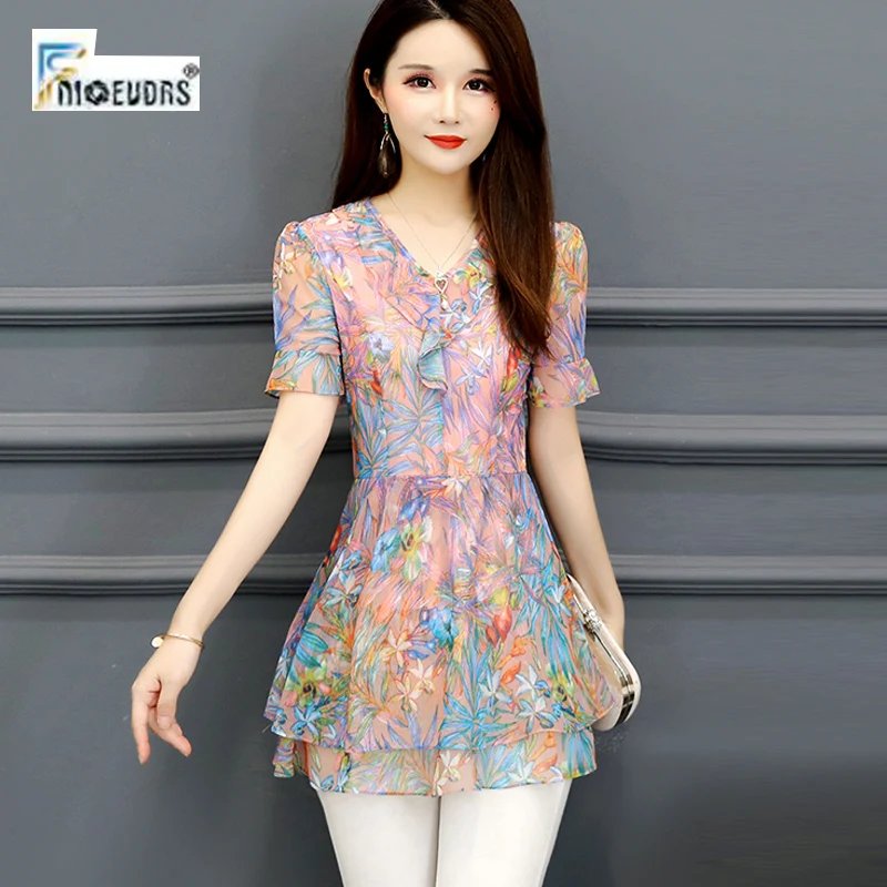 Chiffon Blouse Shirts Women Summer Flare Sleeve Cute Sweet Office Lady Work Floral Printed Tunic Peplum Top J36 | Женская одежда