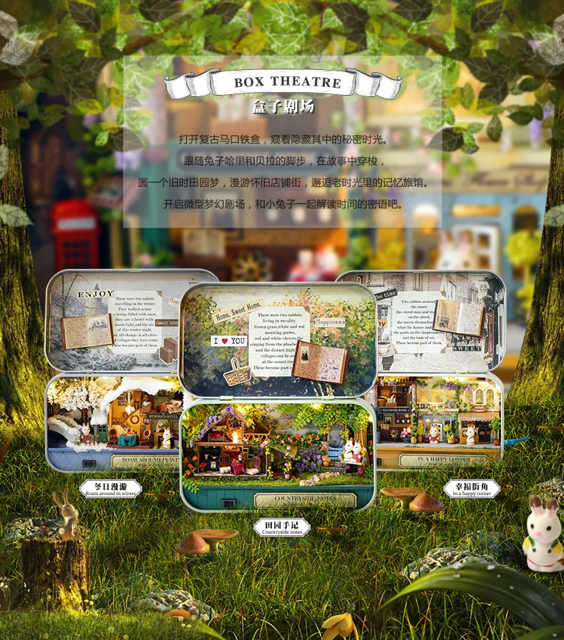 

new Box Theatre Nostalgic Theme Miniature Scene Wooden Miniature Puzzle Toy DIY Doll House Furnitures Countryside Notes Q Style