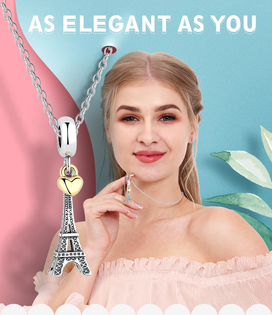 ELESHE, 925 пробы, Серебряный кулон с Эйфелевой башней, шарм, Золотое сердце, бисер, подходит для оригинала Pandora, браслет, ожерелье, сделай сам, ювелирное изделие