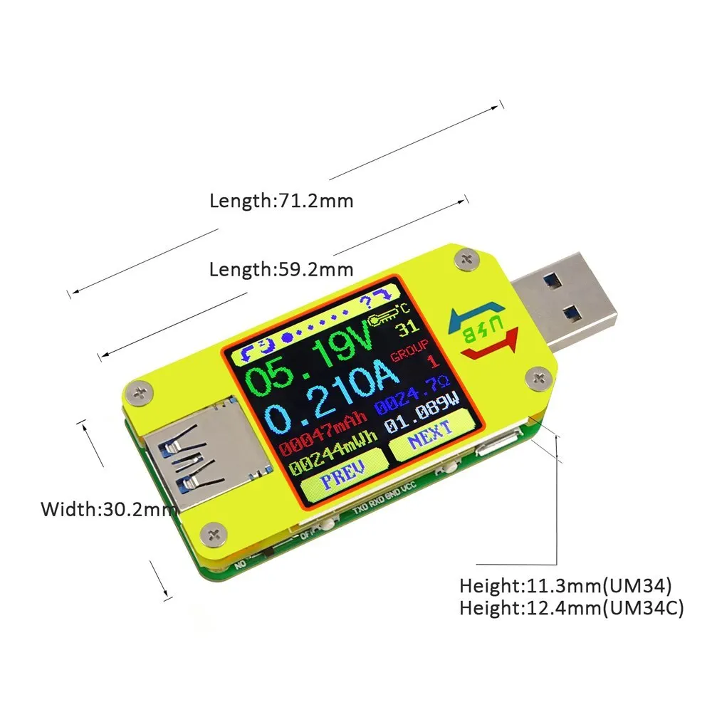 RD UM34/34C Voltmeter Ampermetr USB Tester 3.0 Type- C Voltage Current Meter Battery Charge Cable Impedance Resistance Color LCD |