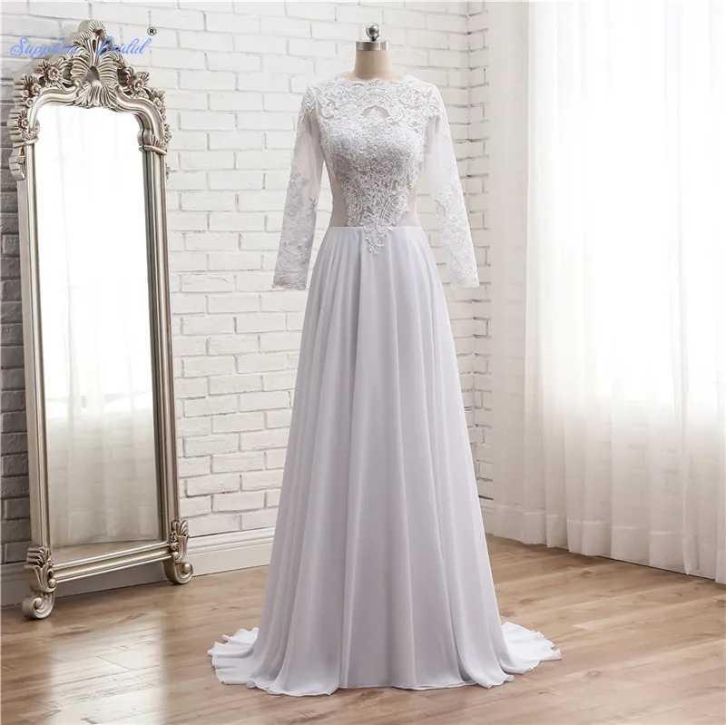 

Sapphire Bridal Applique Chiffon Weeding Dress Vestido De Novia Long Sleeve See Through Princess Bridal Dress 2019 New Arrival