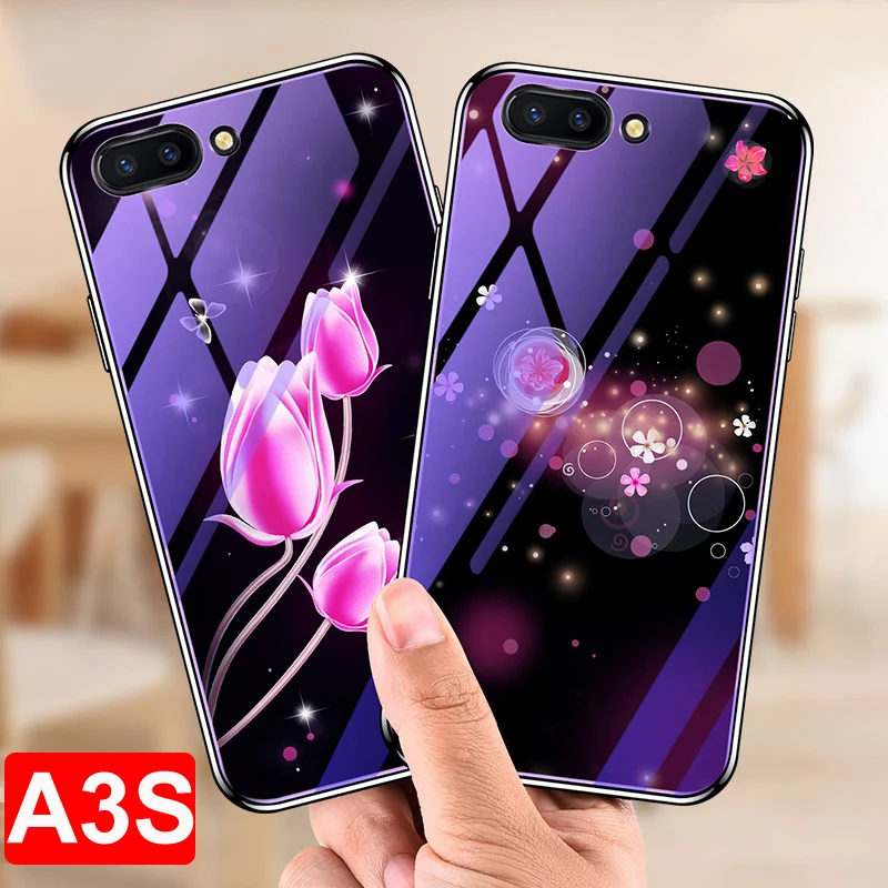 Для OPPO A3S чехол с цветком мультяшный синий закаленное стекло задняя крышка для