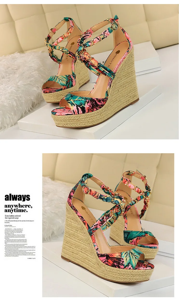 BIGTREE/корейские туфли на высоком каблуке из пеньковой веревки; тканые туфли на танкетке; атласная парча; сандалии с вырезами и металлическими цепочками и перекрестными ремешками
