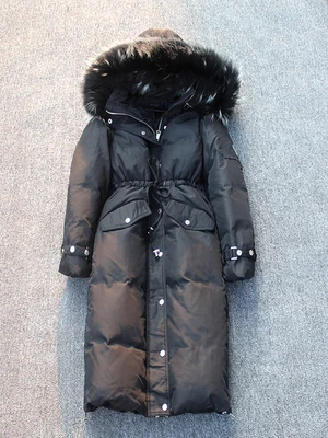 black black fur Зимнее модное женское пальто на утином пуху, длинные дизайнерские куртки выше колена с воротником из меха енота, розовый, синий, черный, серый, xxl 2xl - Цвет: black black fur