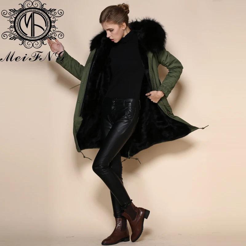 

Free shipping long style parka with black fake fur, military synthetic faux fur coat jacket for ladies with raccoon fur hood