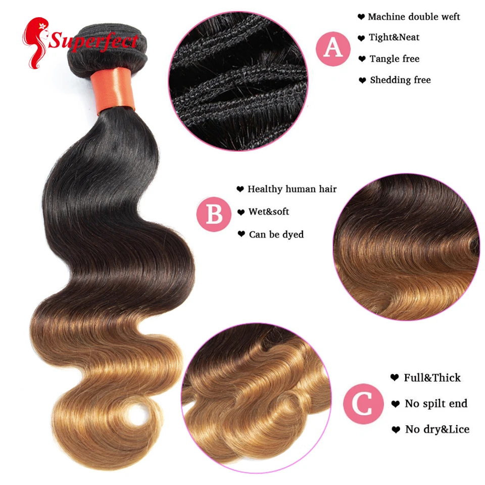 Superfect Ombre Связки с закрытием 1B/4/27# бразильский объемная волна русый натуральные волосы Реми 3 Связки с закрытием кружева