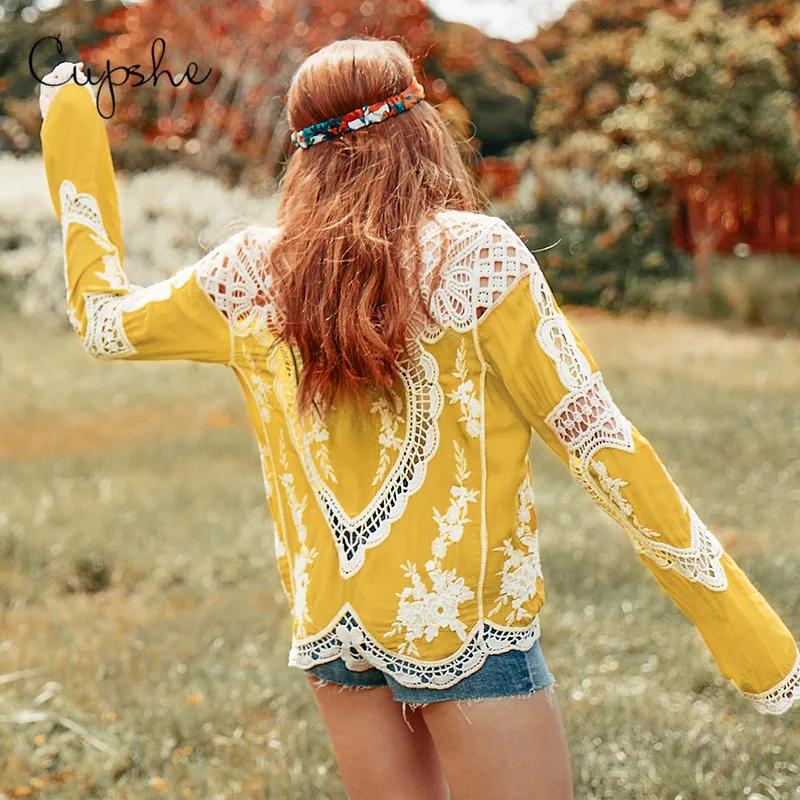 CUPSHE женская желтая кружевная кроше топы Сексуальная Свободная блузка Футболка