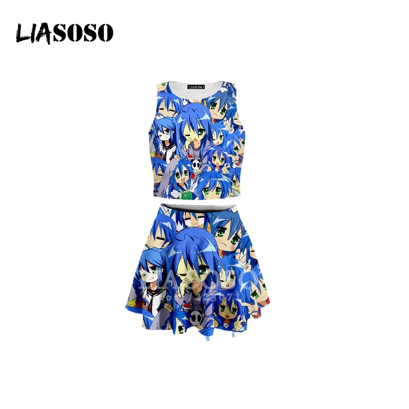 LIASOSO летний женский комплект из двух предметов 3D принт аниме топ на бретелях юбка