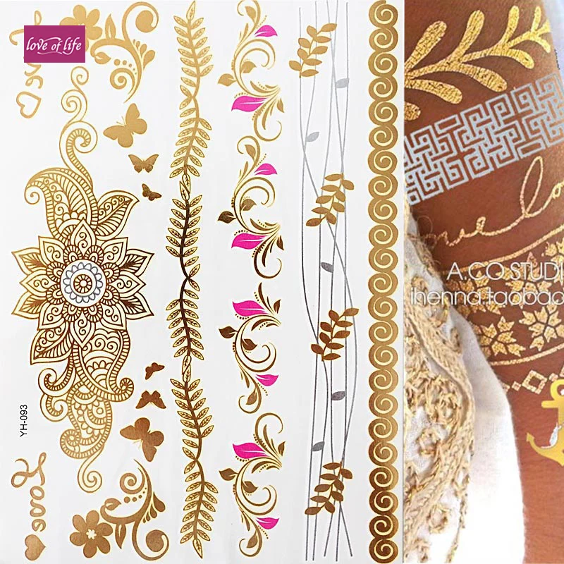 

Metallic Gold Silver Body Art Waterproof Temporary Tattoo Sexy Flash Jewelry Tattoos Sticker For Gold Flower