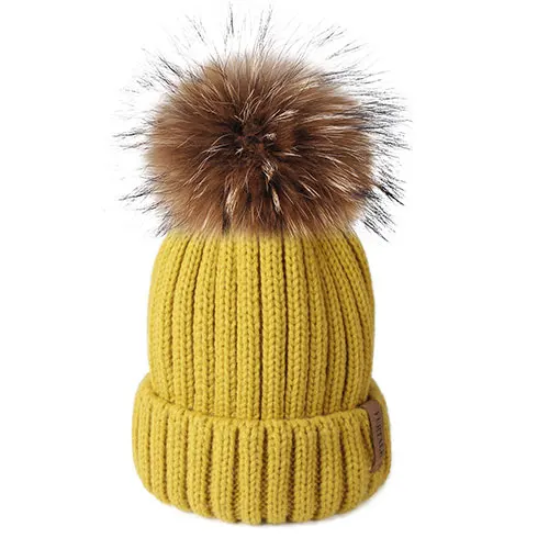 Mustard yellow Furtalk Реального Меховая Шапка Вязаная Реальный Большой Енота Pom Pom Hat женщины Зимняя Шапка Унисекс ДетиТеплый Коренастый Толстая Эластичный вязать - Цвет: Mustard yellow