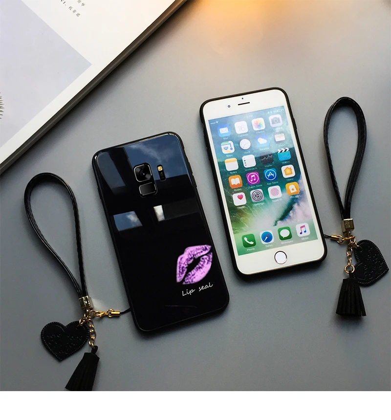 BONVAN чехол из закаленного стекла для samsung Galaxy s9 s8 plus, чехол с принтом губ для samsung Galaxy Note 9 8 s8 s9, чехол с кисточкой и ремешком