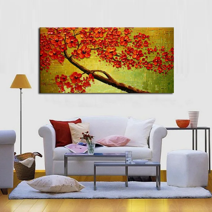 Абстрактная картина с изображением красных цветов дерева холста ножей маслом