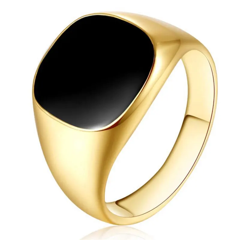 Мужское кольцо с черной эмалью золотистое/серебристое винтажное гладкое в стиле