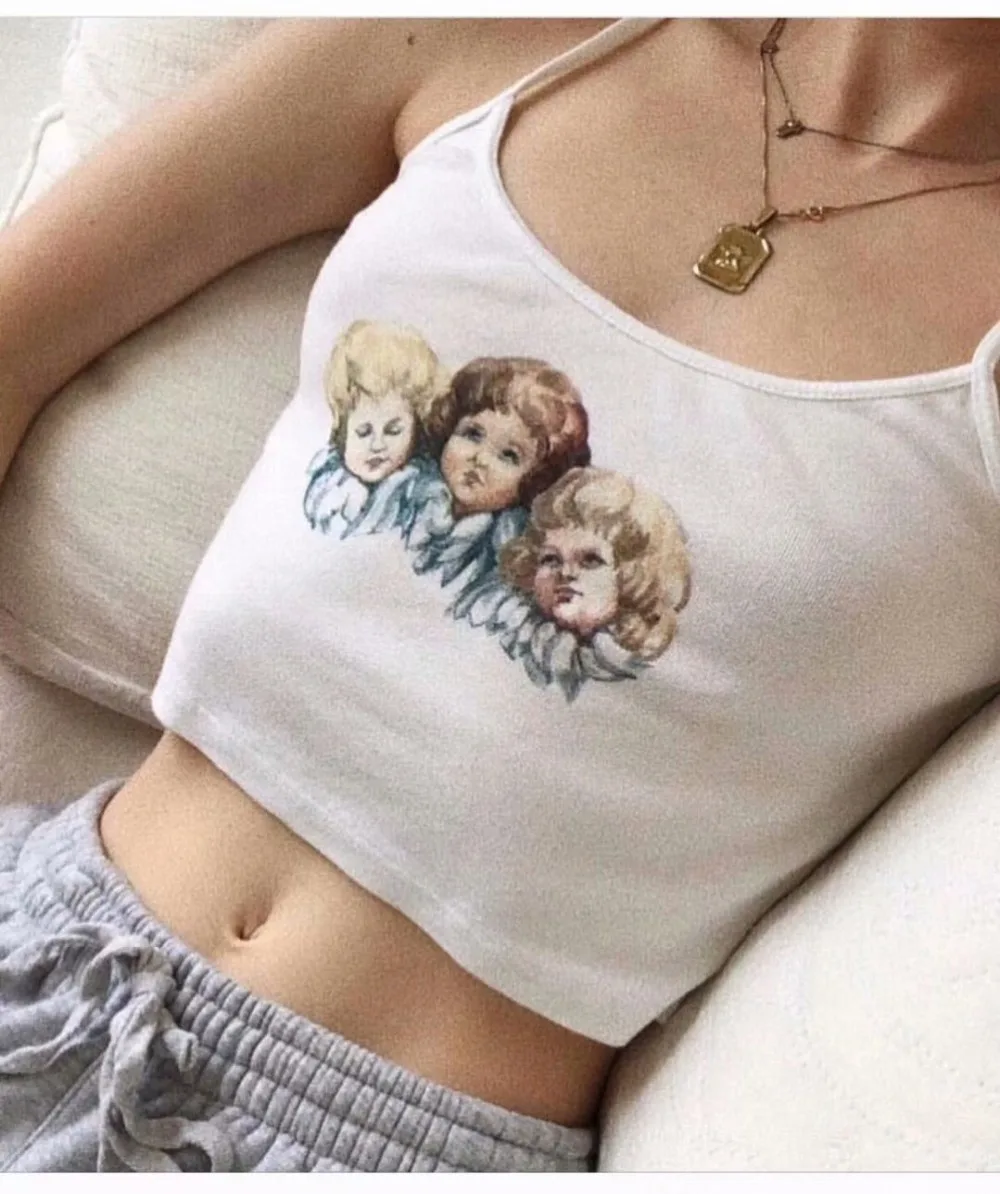 Женский винтажный укороченный топ Angel Pattern без рукавов белый однотонный