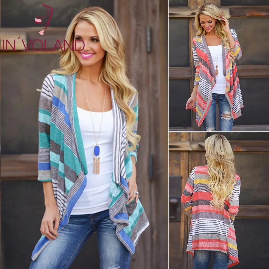 Women Cardigans Autumn Spring Casual 3/4 Sleeve Patchwork Asymmetry Hem Red Blue Long Cardigan Summer BOHO Beach Female |